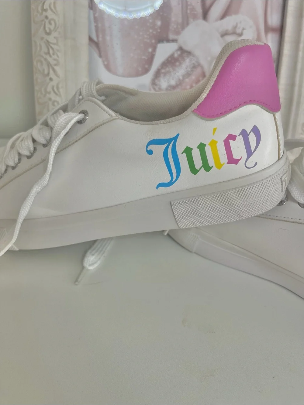 Juicy Couture White Sneakers with Pink Heel and Rainbow Juicy Script